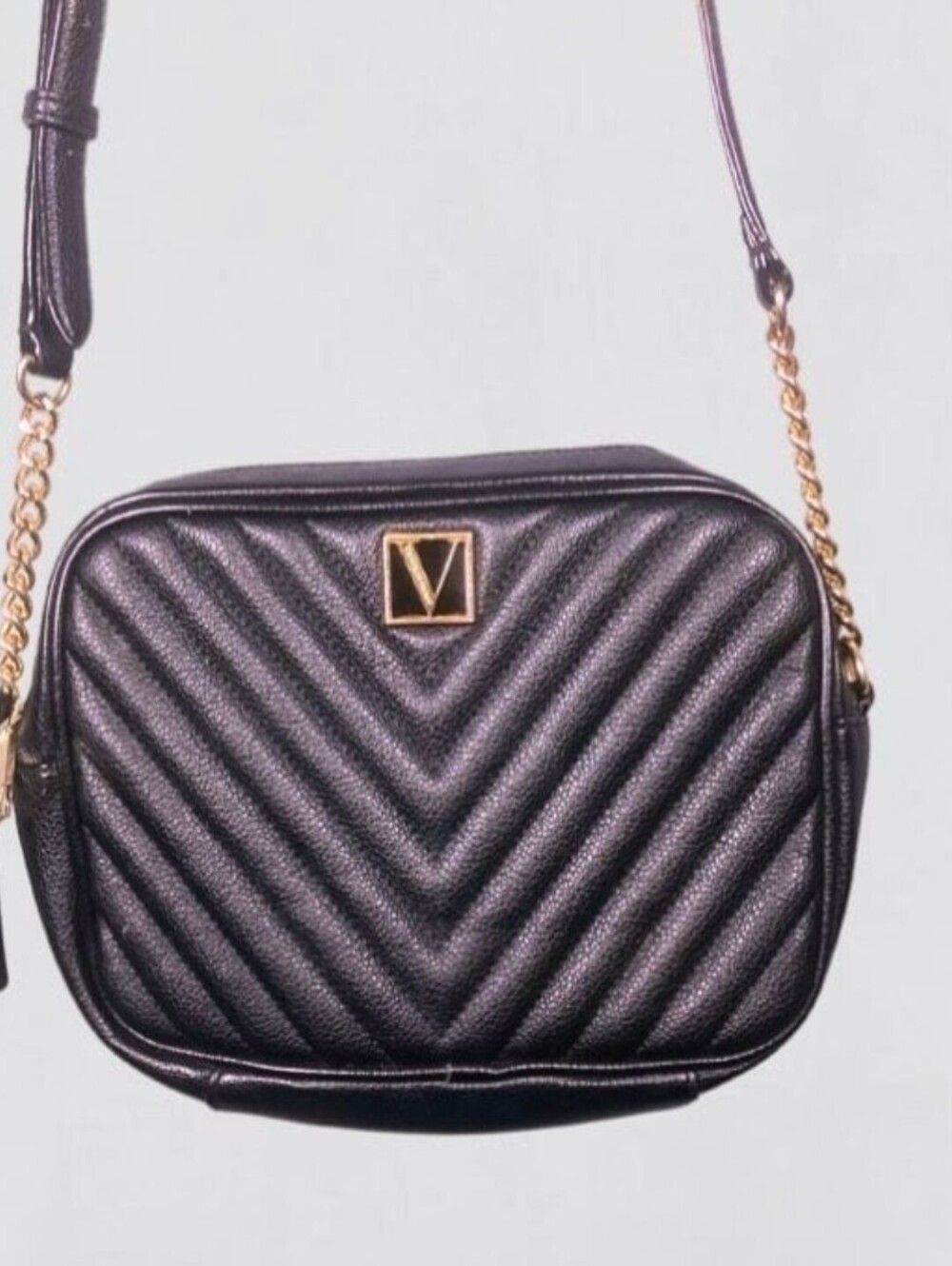 Victoria's Secret Black V-Quilted Top Zip Crossbody Bag